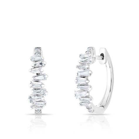 Baguette Earrings, Unique Fashion Jewelry, Diamond Huggies, Zircon Earrings, Jewellery Sketches, Diamond Jewelry Designs, Earring Ideas, Diamond Earring, Silver Plated Jewelry