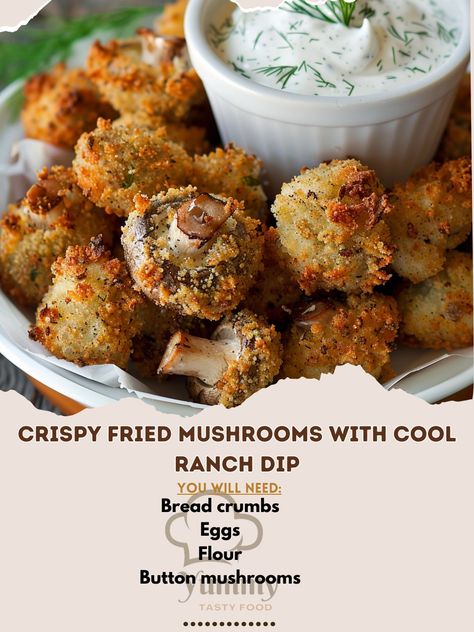 🍄 Crispy Fried Mushrooms with Cool Ranch Dip – crunchy, savory, and irresistibly delicious! 🍄🥣 #FriedMushrooms #AppetizerGoals Crispy Fried Mushrooms with Cool Ranch Dip Ingredients: Button mushrooms (1 lb, cleaned) Flour (1 cup) Eggs (2, beaten) Bread crumbs (1 cup) Salt and pepper (to taste) Ranch dressing (1 cup) Sour cream (1/2 cup) Dill (1 tsp) Instructions: Heat oil in a deep fryer or large pot. Dredge mushrooms in flour, dip in eggs, then coat with bread crumbs. Fry until golden br... Crispy Fried Mushrooms With Ranch Dip, Deep Fried Mushrooms, Fried Mushroom Recipes, Mushrooms Recipes, Cozy Fall Recipes, Fried Mushrooms, Button Mushrooms, Ranch Dip, Deep Fryer