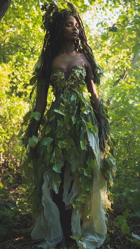 Enchanting Earth Guardian in a Taurus-inspired vine dress, embodies natural elegance amidst a sacred grove, showcasing the harmony of nature and fashion. Plant Dress Fashion, Mother Earth Cosplay, Garden Of Eden Costume Ideas, Nature Spirit Costume, Mother Nature Fashion, Mother Earth Outfit, Plant Inspired Outfits, Nature Goddess Costume, Earth Element Outfit