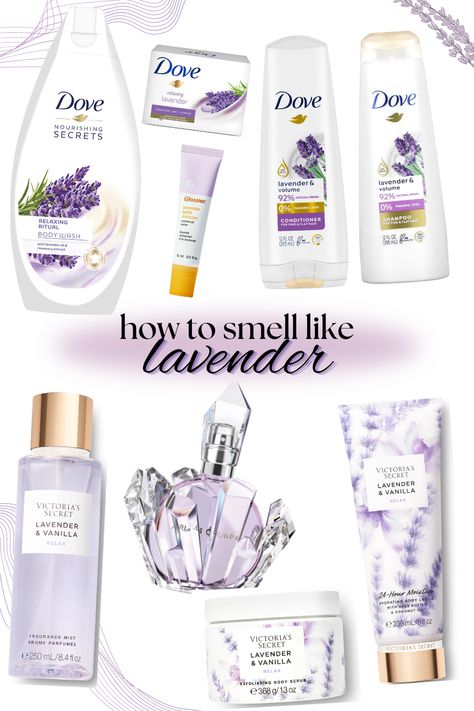 how to smell like lavender, girly shower routine, dove lavender body wash, dove lavender bar soap, dove lavender shampoo, dove lavender conditioner, glossier lavender lip balm, victoria's secret lavender & vanilla body mist, victoria's secret lavender & vanilla body lotion, victoria's secret lavender & vanilla body scrub, ariana grande R.E.M. perfume How To Smell Like Lavender And Vanilla, How To Smell Like Lavender, Glossier Lavender, Dove Lavender, Lavender Conditioner, Smell Like Lavender, Soap Dove, Body Wash Dove, Smell Like