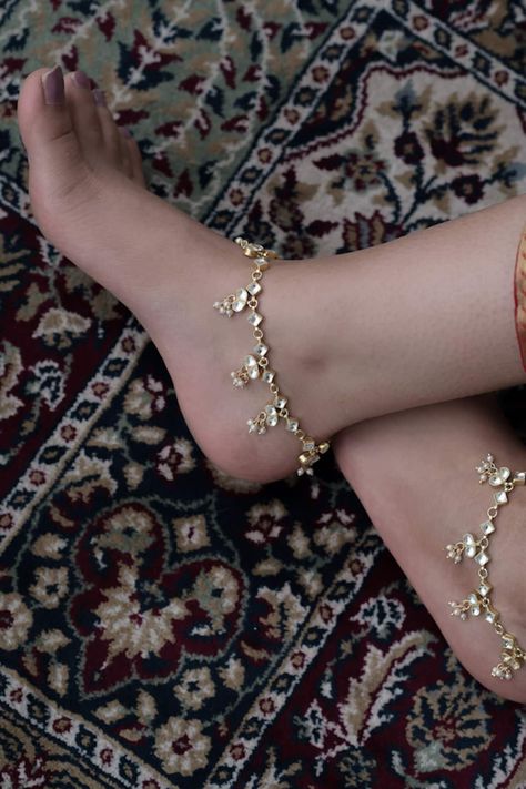 Buy Gold Plated Kundan And Seed Pearls Embellished Anklets - Set Of 2 by Paisley Pop Online at Aza Fashions. Silver Anklets Designs, Wedding Anklets, Bridal Necklace Designs, Anklet Designs, Silver Anklets, Foot Jewelry, Girl Swag, Seed Pearl, Buy Gold