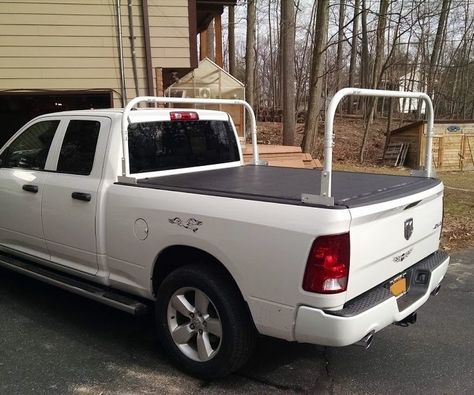 The problem with kayak/ladder racks that are commercially available, is that they don't leave room for the tonneau cover. This kayak rack works using the existing stake pockets and as long as the tonneau cover doesn't cover them up you can freely open and close the tonneau cover AND carry your stuff in the rack. Diy Kayak Rack For Truck, Kayak Truck Rack, Kayak Rack For Truck, Boat Rack, Kayak Transport, Canoe Rack, Canoe Accessories, Teardrop Camping, Kayak Storage Rack