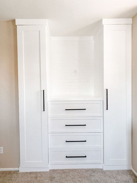 Built In Closets Wall, Wall Closet Small Bedroom, Dresser Built Into Closet, Ikea Wardrobe And Dresser, Wall Closet Conversion, Recessed Wall Dresser, Dresser I. Closet, Diy Closet Dresser Built Ins, Diy Built In Dresser In Closet