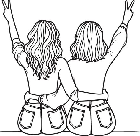 Best Friend Pictures To Draw, Two Bff Drawings, 3 Best Friends Drawing Easy, Cute Drawings For Friends, Friends Sketch Drawing, Two Besties Drawing, Drawing Outlines, Friend Drawings, Friends Sketch