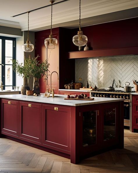 Maroon Kitchen Island, Green And Burgundy Interior, Green Interior Kitchen, Maroon House Decor, Burgundy Kitchen Cabinet, Red Kitchen Inspiration, Red Kitchens Modern, Dark Red Kitchen Walls, Red In Interior Design