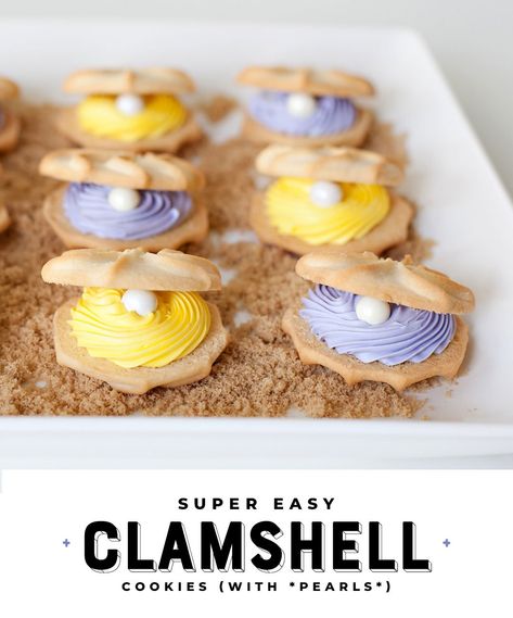 Clamshell Cookies, Clam Shell Cookies, Beach Party Food, Cookie Bars Easy, Ocean Theme Birthday, Madeleine Cookie, White Frosting, Themed Desserts, Pepperidge Farm