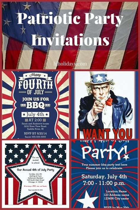 Patriotic Party Invitations Patriotic Birthday, Picnic Invitations, Party List, Fourth Of July Decorations, Vintage Style Decorating, Happy Fourth Of July, Wedding Planning Guide, Jolly Holiday, Pinterest Party