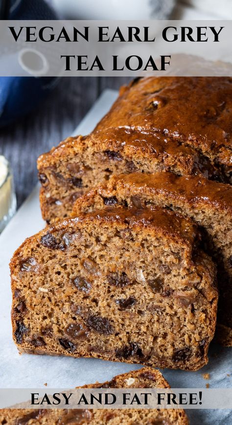 Close up of slices of vegan Earl Grey tea loaf. Vegan Tea Cakes Recipe, Vegan Traybake, Vegan Earl Grey, Vegan Naan, Tea Loaf, Kenwood Chef, Vegan Pastries, Vegan Baking Recipes, Dairy Free Cake