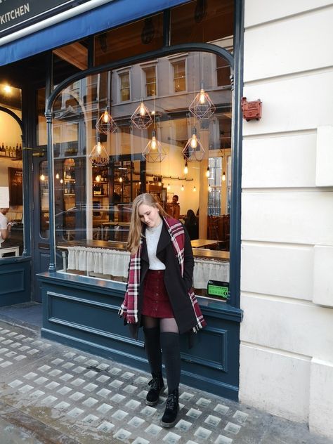 Red burgundy corduroy skirt thigh high socks and doc martens with tartan scarf in Covent Garden London Maroon Corduroy Skirt Outfit, Burgundy Corduroy Skirt Outfit, Red Corduroy Skirt Outfit, Socks And Doc Martens, Outfits With Thigh High Socks, Skirt Thigh High Socks, Maroon Skirt Outfit, Thigh High Outfits, Wfh Wardrobe