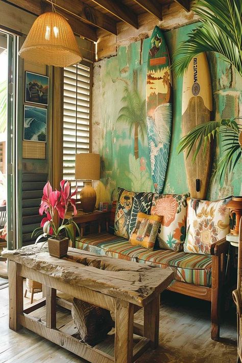 Infuse your indoor space with some island energy. #Surf #Decor #Accents #Interiors #Home #Style #IslandEnergy #Hawaii Surf Shack Living Room, Shack Living, Surf Room Decor, Surf Room, Beach Themed Bedroom, Beachy Room, Tiki Lounge, Box Truck, Dream Beach Houses