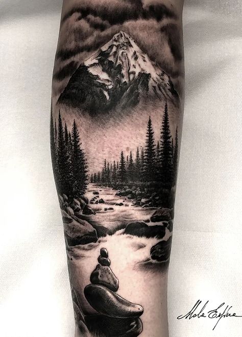 Mountain Landscape Tattoo, Thigh Sleeve Tattoo, Mountain Sleeve Tattoo, Scenic Tattoo, Star Sleeve Tattoo, Waterfall Tattoo, Wilderness Tattoo, Dandelion Tattoo Design, Camping Tattoo