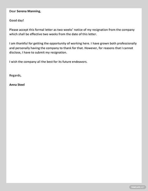 Two Weeks Notice Letter, 2 Week Notice Letter, Resignation Letter Format, Resignation Template, Short Resignation Letter, Two Weeks Notice, Job Resignation Letter, Resume Format For Freshers, Resignation Letter Sample