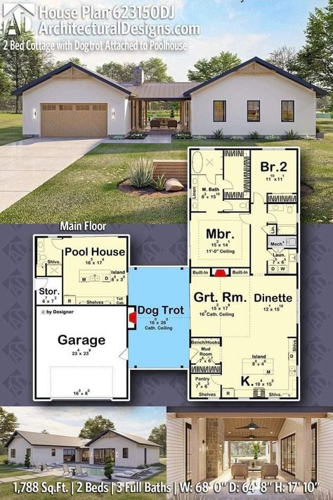 Modern Farmhouse With Guest House, Dog Trot Floor Plans Small Houses, House Plan With Outdoor Kitchen, House Plans With Artist Studio, Narrow Lot House Plans Open Floor One Story, 2 Bedroom House With Garage, Dog Trot House Plans Breezeway, Retirement House Plans One Story, Pool House Plans Guest Suite