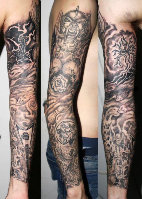 Metal band inspired tattoo sleeve Arm Tattoos Music, Lion Leg Tattoo, Valhalla Tattoo, Font Tato, Music Tattoo Sleeves, Tattoo Sites, Punk Tattoo, Rock Tattoo, Band Tattoo Designs