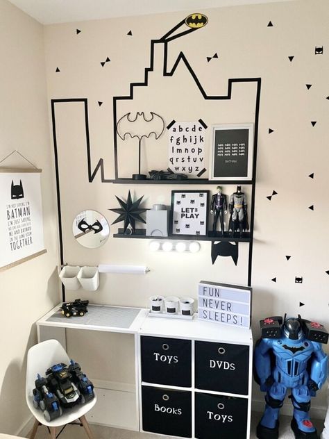 Batman Inspired Room, Batman Room Ideas, Batman Room Ideas Boys, Batman Bedroom Ideas Boys, Batman Toddler Room, Boys Batman Bedroom, Batman Kids Room, Batman Boys Room, Modern Superhero Bedroom