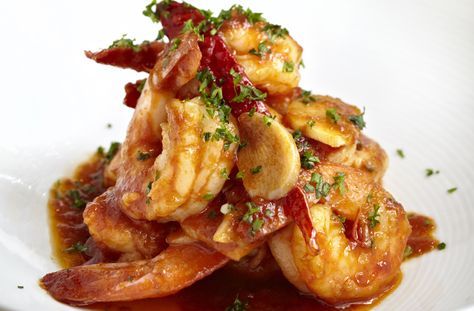 Jose Andres' Gambas al Ajillo: sauteed shrimp with garlic & guindilla pepper #recipe Shrimp With Garlic, Louisiana Seafood, Andrew Zimmern, Sauteed Shrimp, Shrimp Dishes, Cooking Prep, How To Cook Shrimp, Culinary Skills, Chef Recipes