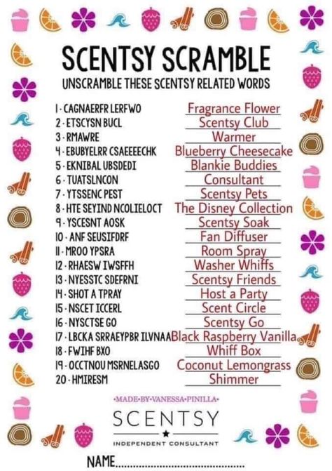 Scentsy Word Scramble Game, Scentsy In Person Party Games, Scentsy Party Names Ideas, Scentsy Party Games, Scentsy Games, Scentsy Uk, Scentsy Ideas, Scentsy Party, Party Names