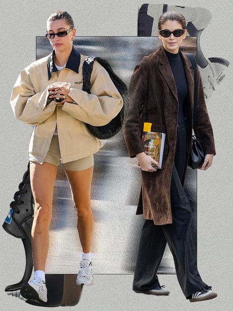 Celebrity Sneakers 2023, Hailey Bieber Dunk Low, Celebrity Sneakers Street Style, Hailey Bieber Sneakers, Dad Sneaker Outfits Women, How To Wear Sneakers With Jeans, Gola Sneakers Outfit, Hailey Bieber Outfits Street Style, Dad Shoes Outfit