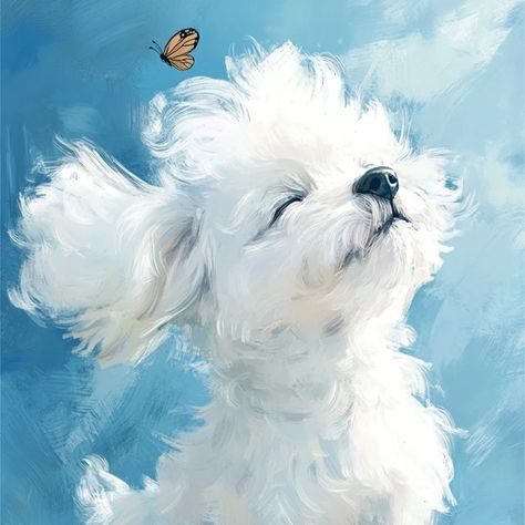 Bichon Frise Art, Wallpaper Widget, Bichon Dog, Dog Expressions, Canine Drawing, Delicate Butterfly, Blue Abstract Art, White Dog, Dog Illustration