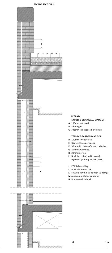 Image 23 of 25 from gallery of Triburg Headquarters / S.P.A Design. Detail 1 Wall Section Detail, Section Detail, Wall Section, Brick Cladding, Brick Detail, Brick Architecture, Spa Design, Construction Drawings, Architectural Drawing