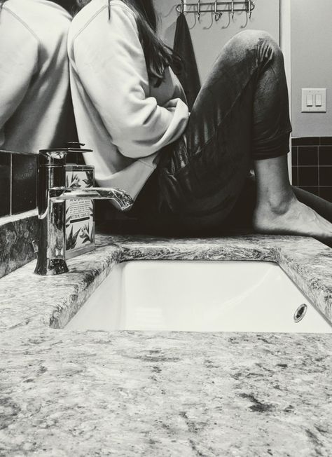 Sitting on the counter in the bathroom seems to bring clarity Overflowing Sink Aesthetic, Singing In The Bathroom, Sitting In Bathtub, Man Reading To Woman In Bathtub, Messy Bathroom Counter Aesthetic, Messy Bathroom Sink Aesthetic, Party Bathroom, Bathroom Scene, Bathroom Counters