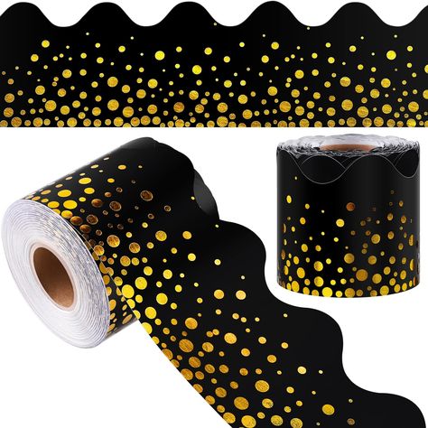 PRICES MAY VARY. What you will receive: the package comes with 1 rolls of gold foil dot bulletin borders, the length is 65.6 feet/20 m, and the width is 0.4 inches/7.5 cm, enough length to satisfy your various needs all around the year Classroom decor: these border straight decoration can be used for decorating school bulletin boards, doors, windows, blackboards, etc., creating a cheerful study atmosphere, and enjoy funny DIY time with teachers and students Bronzing design: our border trim for b Black Bulletin Board Classroom, Gold Bulletin Board, Black And Gold Bulletin Board Ideas, Layered Bulletin Board Border, Black And White Polka Dot Classroom Theme, Bulletin Borders, Substitute Teaching, Bulletin Board Borders, Teacher Created Resources