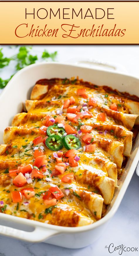 chicken enchiladas in a casserole dish Chicken For Mexican Dishes, Cozy Cook Chicken Enchiladas, Dinner Ideas Enchiladas, Red Chili Chicken Enchiladas, Mexican Enchiladas Recipe, Easy Mexican For A Crowd, Enchilada Party Ideas, Quick Chicken Enchiladas Easy Dinners, The Best Chicken Enchiladas Ever