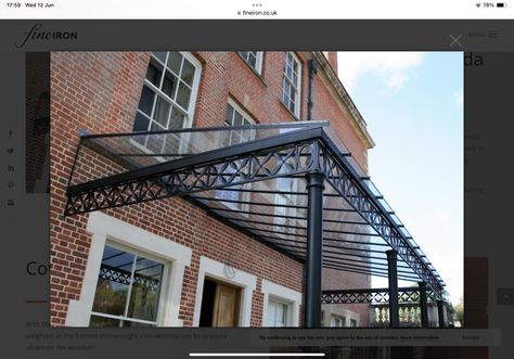 Wrought Iron Awning, Roof Options, Glass Veranda, Covered Walkway, Wooden French Doors, Porch Veranda, Wrought Iron Gates, Hip Roof, Entrance Porch