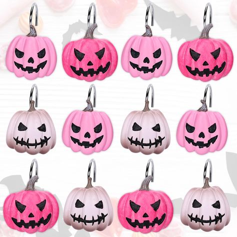 PRICES MAY VARY. WAHT YOU WILL GET: The set includes 12pcs shower curtain hooks with pumpkin part of 1.6 x 1.5 inch and the hook inner diameter of 1.1 inch, enough to meet your decoration needs. HALLOWEEN PUMPKIN DESIGN: The decorative shower curtain hooks are designed with hand-painted Halloween pumpkins, colored mainly in pink and white, which will be a perfect addition to your home and party. DURABLE MATERIAL: Made of good quality resin and metal material, sturdy and reusable, with good looki Hand Painted Halloween Pumpkins, Parts Of A Pumpkin, Curtain Hangers, Halloween Pink, Halloween Pumpkin Designs, Pink Pumpkin, Curtain Rings, Pink Pumpkins, Spooky Pumpkin