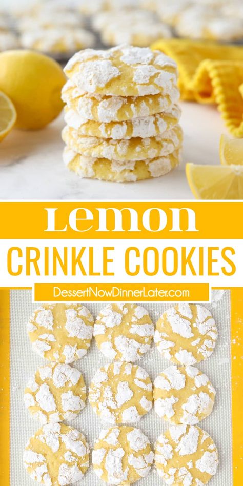 These Lemon Crinkle Cookies are flavored with real lemon zest and juice. They're sweet, tangy, and down right delicious! Citrus Crinkle Cookies, Lemon Crinkle Crumbl Cookie, Lemon Kringle Cookies Recipe, Lemon Crinkles Recipe, Lemon Lace Cookies, Easy Lemon Crinkle Cookies, Lemon Kringle Cookies, Lemon Crinkle Cookies From Cake Mix Easy, Lemon Kiss Cookies