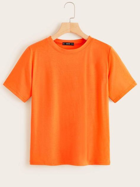 Shein Neon Orange Short Sleeve Tee Neon Shirts, Bright Fabrics, Shirt Template, Orange Shorts, Orange T Shirts, Latest T Shirt, Orange Shirt, Women T Shirts, T Shirt Diy