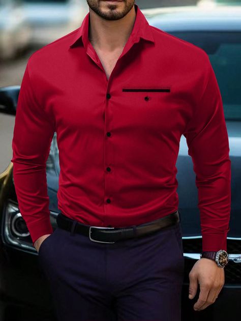 Rojo Casual Collar manga larga Poliéster Liso Camisa Embellished Elástico Ligero Red Button Up Shirt Outfit Men Formal, Red Long Sleeve Shirt Outfit Men, Casual Red Outfit Men, Red Dress Shirt Men Outfits, Red Shirt Outfit Men Casual, Red Outfit For Men, Red Outfits For Men, Red Men Outfit, Men’s Shirts