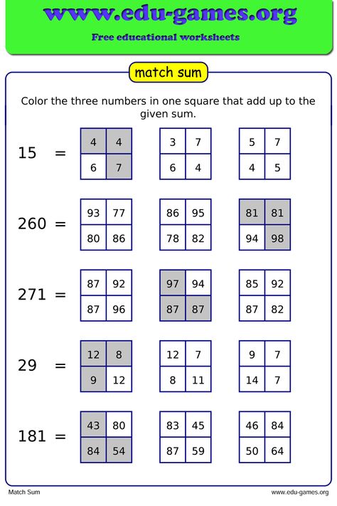 Match Sum Puzzles are a great way to practice math skills combined with logical thinking. Logical Reasoning Worksheets For Grade 2, Adding Game, Logic Math, Math Club, Math Logic Puzzles, Kid Logic, Worksheets For Grade 3, Logical Reasoning, Math Puzzles