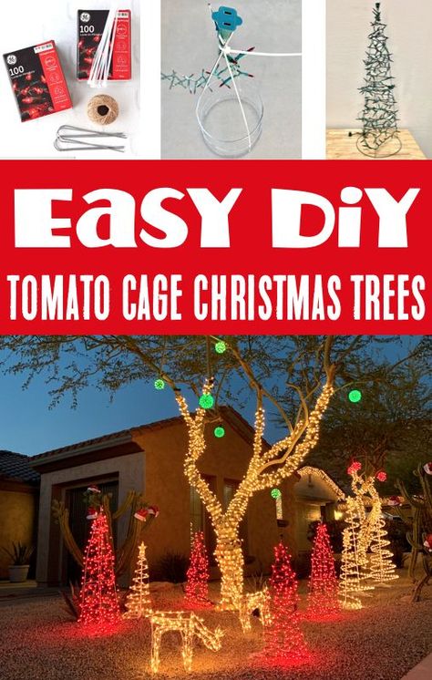 Tomato Cage Christmas Tree Light Up Christmas Trees Outdoor, Tomato Cage Christmas Tree Diy Outdoor, Tomato Cage Crafts Outdoor Christmas, Tomato Cage Xmas Tree Outdoor Christmas, Christmas Trees With Tomato Cages, Tomato Cage Christmas Tree Lights, Christmas Outdoor Decor Ideas Lights, Diy Christmas Yard Lights, Simple Outdoor Christmas Decor Lights