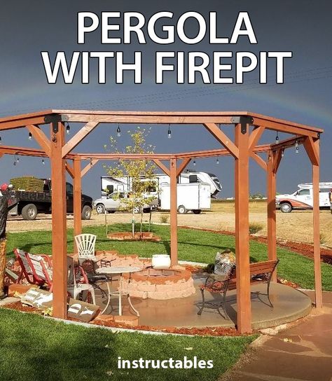 ShariW12 shares how to build a pergola with lights and a firepit on a round concrete pad. #Instructables #workshop #woodworking #backyard #outdoors Pentagon Pergola, Hexagon Pergola, Octagonal Pergola, Octagon Fire Pit, Octagon Fire Pit Area, Octogon Swings Around Fire Pit, Fire Pit Pergola, Bag Of Cement, Building A Retaining Wall