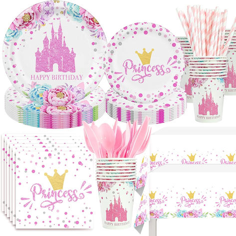 Princess Birthday Party Supplies - Princess Party Decorations Tableware Set Include Plates, Napkins, Cups, Cutlery, Tablecloth, Straws, for Girls Princess Baby Shower Decorations | Serve 24 #ad #princess #princessbirthdayparty #princessparty Belle Birthday Party Decorations, Belle Birthday Party, Princess Birthday Decorations, Pink Girl Birthday, Pink Party Supplies, Princess Birthday Party Decorations, Princess Theme Birthday, Princess Theme Birthday Party, Girls Birthday Party Decorations