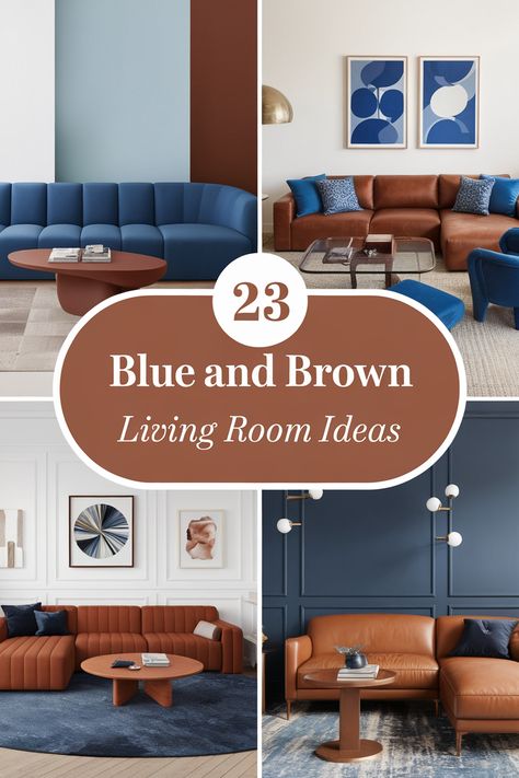 Blue and brown living room ideas are a timeless classic, offering a serene and inviting atmosphere. Explore 23 stunning designs featuring various shades of blue and brown, from cozy navy accents to rich chocolate sofas. Discover how to incorporate this color scheme into your own living space for a sophisticated and comfortable ambiance. You'll find inspiration for walls, furniture, and decor that perfectly blend cool serenity with earthy warmth. Navy Copper Living Room, Blue Brown Tan Color Palette, Navy Couches Living Room, Blue And Leather Living Room, Dark Blue Family Room, Brown And Blue Decor, Living Room With Navy Blue Couch, Navy Wall Living Room, Dark Blue Living Room Color Scheme