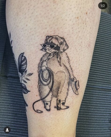 Animals In Clothes Tattoo, Cowboy Raccoon Tattoo, Small Raccoon Tattoo, Raccoon Tattoos, Cool Animal Tattoos, Racoon Tattoo, Small Animal Tattoos, Raccoon Tattoo, Cowgirl Tattoos