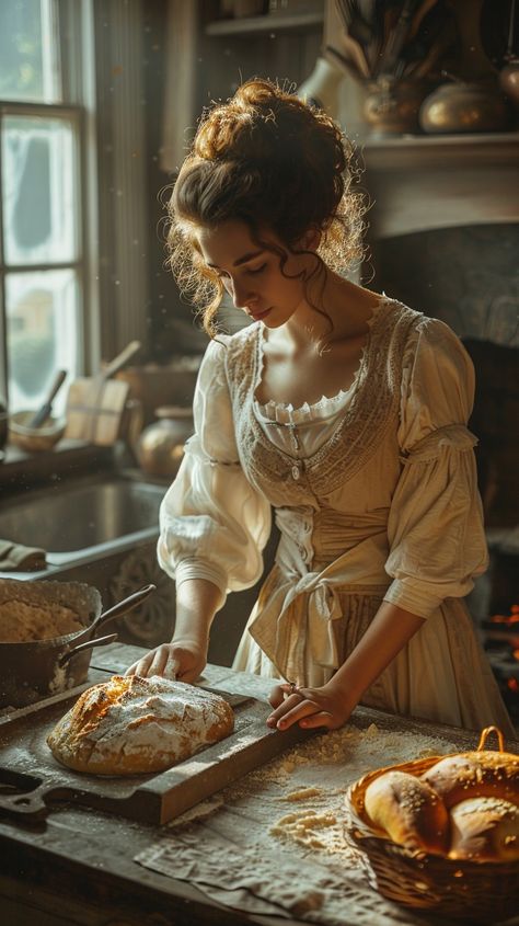 Vintage Baking Scene: A #woman in #vintage attire meticulously slices freshly baked bread in a #rustic #kitchen setting. #vintagefashion #breadmaking #homestyle #retro #bakingscene #cozyvibes #culinaryart #interiordesign ⬇️ Download and 📝 Prompt 👉 https://stockcake.com/i/vintage-baking-scene_701239_945658 Ideas For Cooking, Kitchen Maid, Homemade Baked Bread, Apron Ideas, Japan Wedding, Freshly Baked Bread, Baker Man, Vintage Attire, Rustic Bread