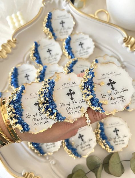 Bautizo Favor Ideas, Boy Confirmation Party Ideas, Baptism Favors For Boys, Bautizo Ideas Boy, Christening Party, Baptism Ideas, Henna Night, Communion Favors, Christening Favors