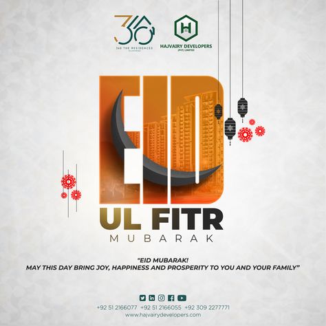 "Eid Mubarak! Wishing you and your loved ones a joyous celebration filled with blessings, happiness, and peace. May this Eid bring you closer to your loved ones and to the Almighty. #EidUlFitr2023 #EidMubarak #360theresidences #360theresidencesislamabad #hajvairydevelopers #apartment #luxury #realestate #islamabad #wearehajvairy #construction #CDA #islamabad #ConstitutionAvenue #bharakahubypass #margallaavenueproject Eid Mubarak Real Estate, Eid Real Estate, Eid Mubarak Design Ideas, Eid Mubrak, Eid E Milad, Mothers Day Post, Eid Ideas, Eid Mubark, Cosmetics Advertising