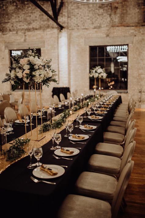 Gold sparkly table runner and black linen. Photo by www.alyssadphotography.com Black And Gold Long Table Decor, Black Table Cloth With Rose Gold Runner, Black Tablecloth Gold Runner, Black White And Gold Dinner Party, 30 Birthday Black And Gold, Black Gold Table Decorations, Table Decorations 21st Birthday, Black White And Gold Wedding Centerpieces Table Decorations, Black And Gold Table Runner