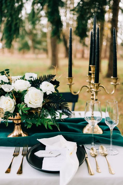 Olive Lane Paperie | Backyard Wedding | Styled Shoot Dark Green Foliage Wedding, Emerald And Bronze Wedding, Deep Green Wedding Decor, Green Black And Gold Wedding, Chamomile Wedding, Wedding Dark Green, Green Wedding Centerpieces, Gold Wedding Ideas, Green Wedding Decorations