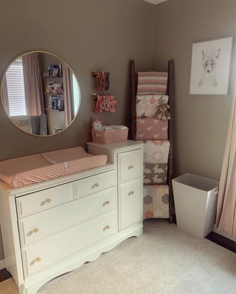 Nursery blanket ladder and changing table Displaying Blankets In Nursery, Blanket Ladder In Nursery, Blanket Ladder For Nursery, Changing Table In Front Of Window, Nursery Blanket Ladder, Nursery Blanket Storage, Baby Girl Changing Table, Blanket Ladder Nursery, Blanket Latter