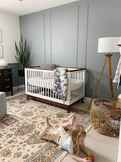 Teal Accent Wall Nursery, Gender Neutral Nursery With Accent Wall, Nursery Room Accent Wall Ideas, Nursery Accent Wall Neutral Paint, Neutral Nursery With Blue Accents, Trim Accent Wall Nursery, Gender Neutral Accent Wall Nursery, Accent Wall Baby Boy Nursery, Nursery Walls Ideas