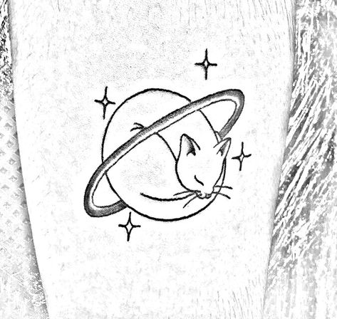 Cat Planet Tattoo, Planet Drawing, Black Cat Tattoos, Space Animals, 2 Moons, Cat Tattoos, Line Art Tattoos, Star Tattoos, Anime Tattoos