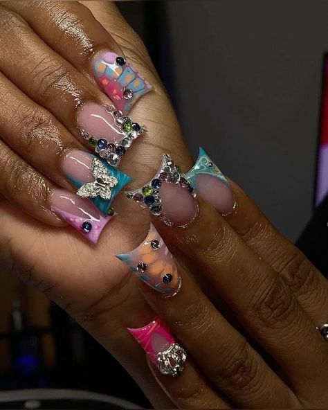 Spring Junk Nails, French Tip Bling Nails, Duck Nails French Tip, Nails Colorful French Tip, Colorful French Tip Nails, Fly Nails, Nails Colorful, Nail Business, Hard Nails