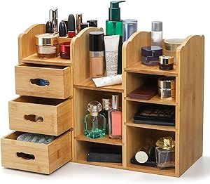 Makeup Storage Shelves, Dresser Top Organization, Organized Makeup, Wooden Makeup Organizer, Makeup Organization Ideas, Bamboo Makeup, Wood Organization, Dresser Top, Organizer Shelf