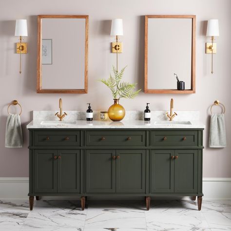 72" Elmdale Vanity with Rectangular Undermount Sinks - Dark Olive Green - Carrara - Single Hole | Mahogany | Signature Hardware Dark Green Bathroom Vanity, Elmdale Vanity, Moody Green Bathroom, Colorado Bathroom, Transitional Bathrooms, Moody Farmhouse, Green Bathroom Vanity, Farmhouse Sink Faucet, Polished Nickel Faucet