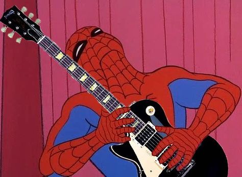 ROCK OUT!! Spiderman With Guitar, Spider Man Guitar, Spiderman Electric Guitar, Spiderman Music Icon, Spider Man Playlist Cover, Spiderman Playlist Covers, Cursed Spiderman, Sick Spiderman, Jamming Out To Music Aesthetic